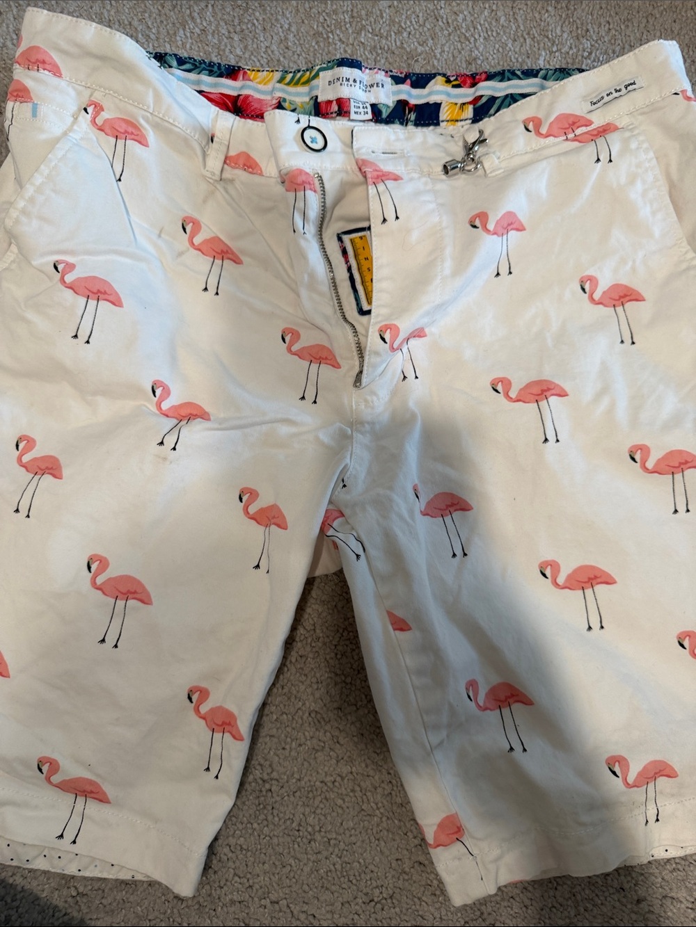 Denim & Flower White Shorts with Pink Flamingo Print